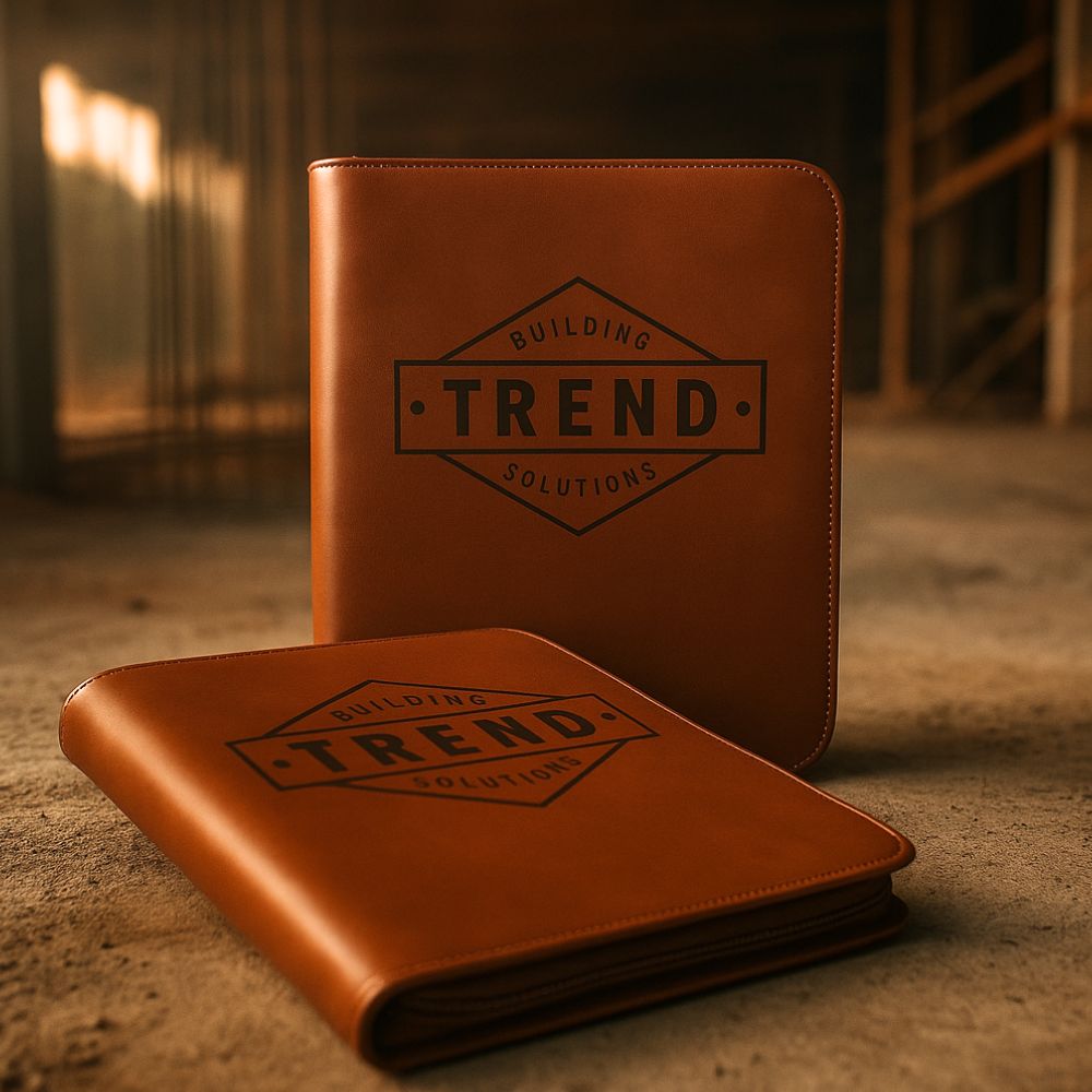 Two brown leather trade folders standing on dusty ground with 'TREND Building Solutions' logo