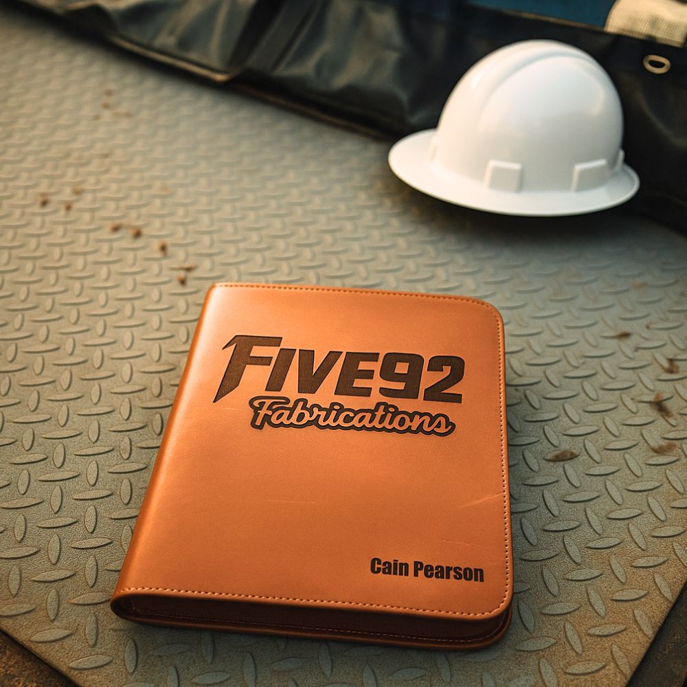 Brown leather folder with 'FIVE92 Fabrications' logo on steel surface beside white hard hat