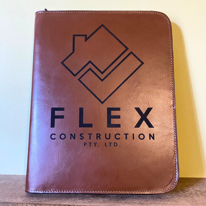 Leather folder custom engraved with Flex Construction logo
